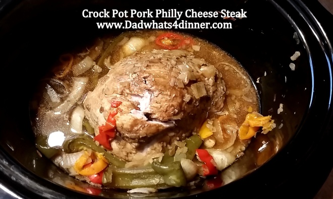 Crock Pot Pork Philly Cheese Steak is a simple, seven ingredient crock pot recipe. Perfect for your busy weeknight dinner.